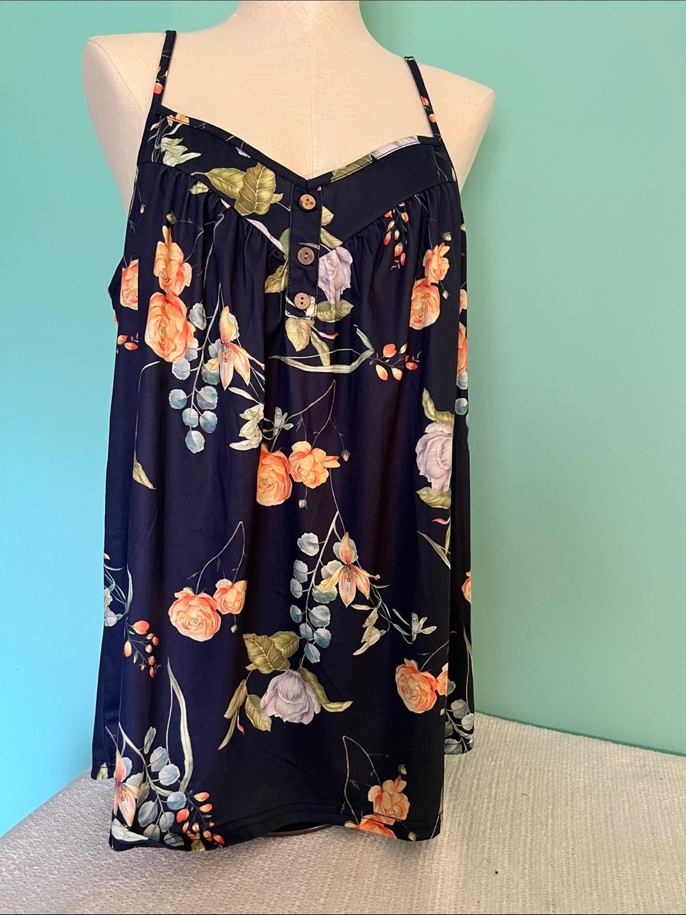 Navy Floral Spaghetti Strap top with decorative Button Front